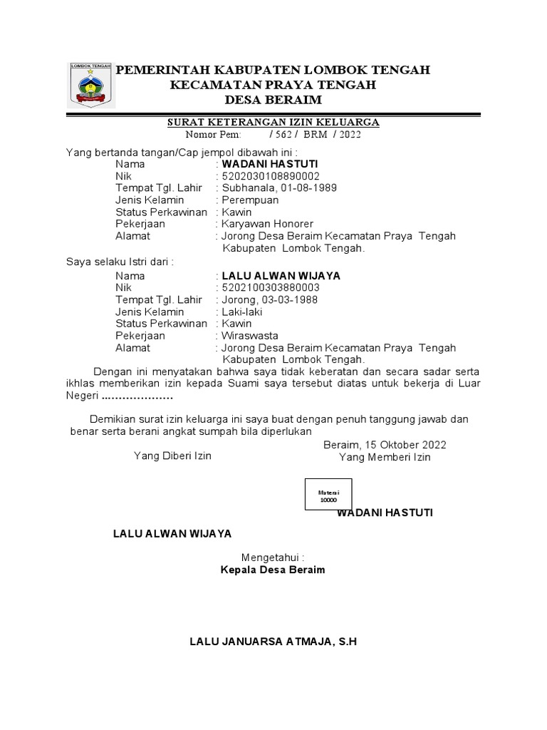 Surat Izin Keluarga | PDF