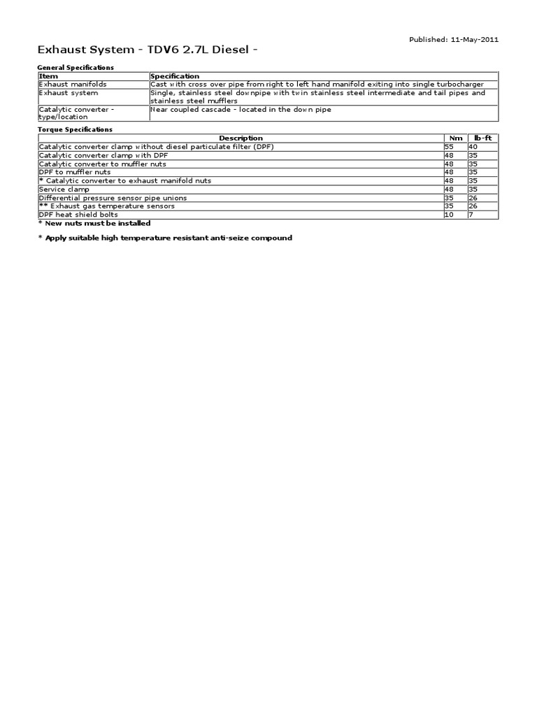 Exhaust system specifications and component description for the 2 7l