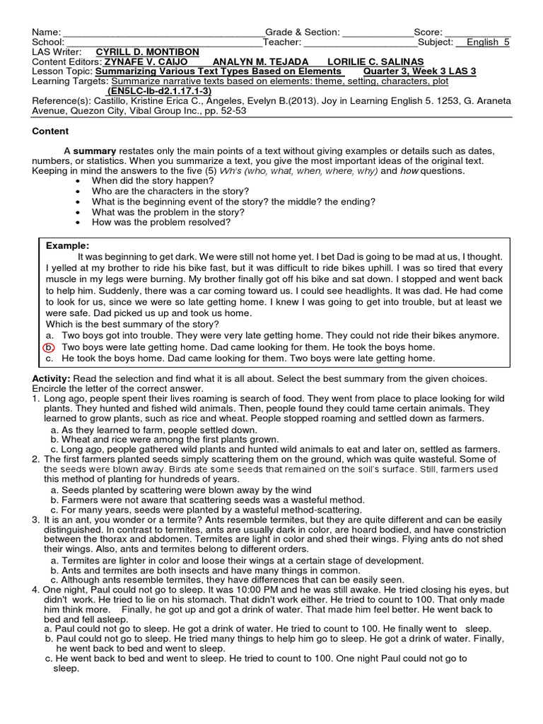 Summarizing Text Types: Grade 5 LAS 3 | PDF | Ant