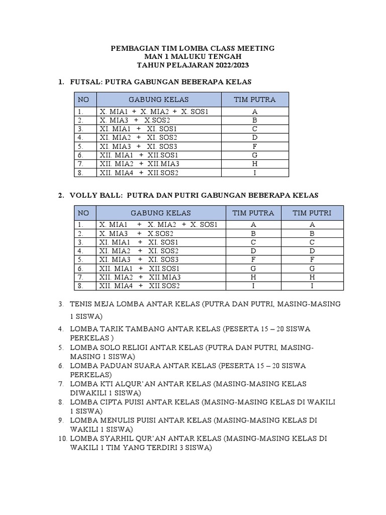 Pembagian Tim Lomba Class Meeting Pdf