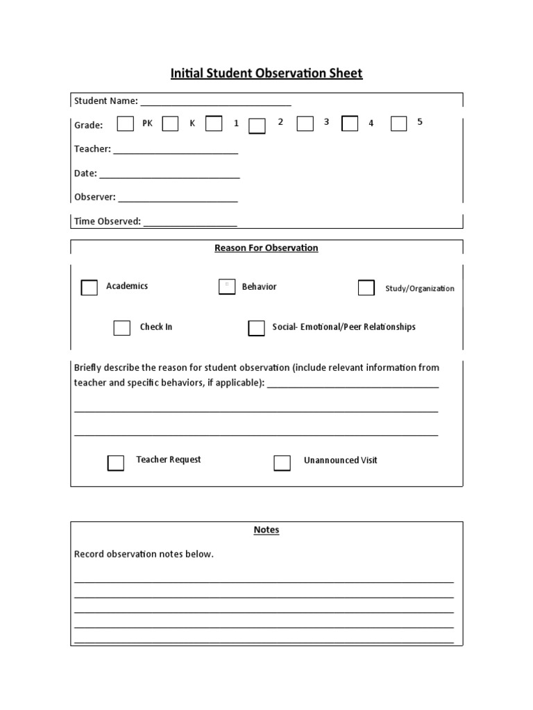 Initial Student Observation Sheet PDF Teachers Reading Comprehension