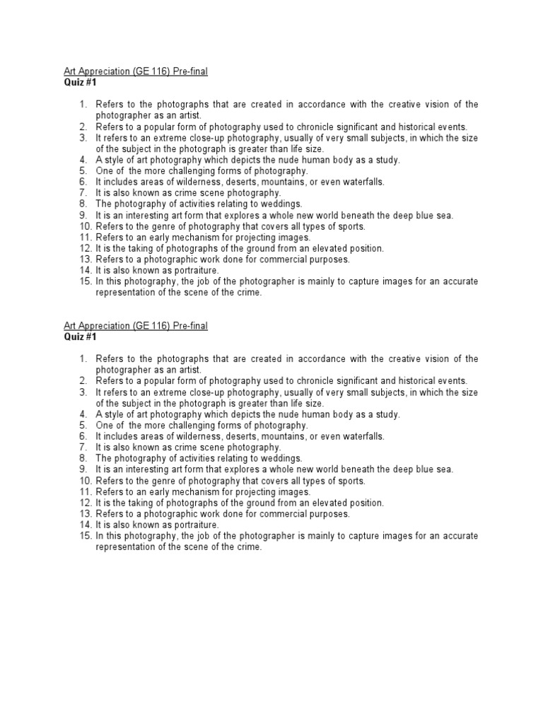Art Appreciation Quiz PDF Portrait Photography Artistic Techniques