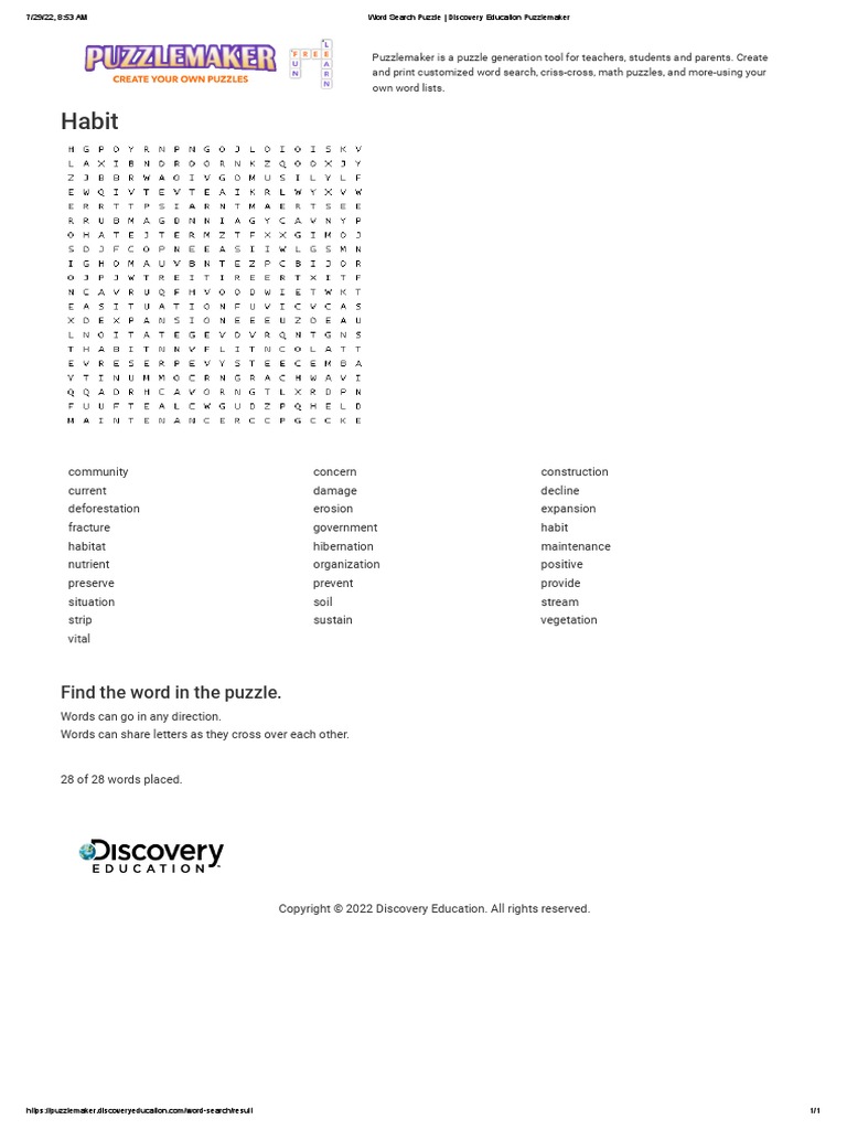 Word Search Puzzle - Discovery Education Puzzlemaker 2 | PDF for Word Find Puzzle Maker Free Printable
