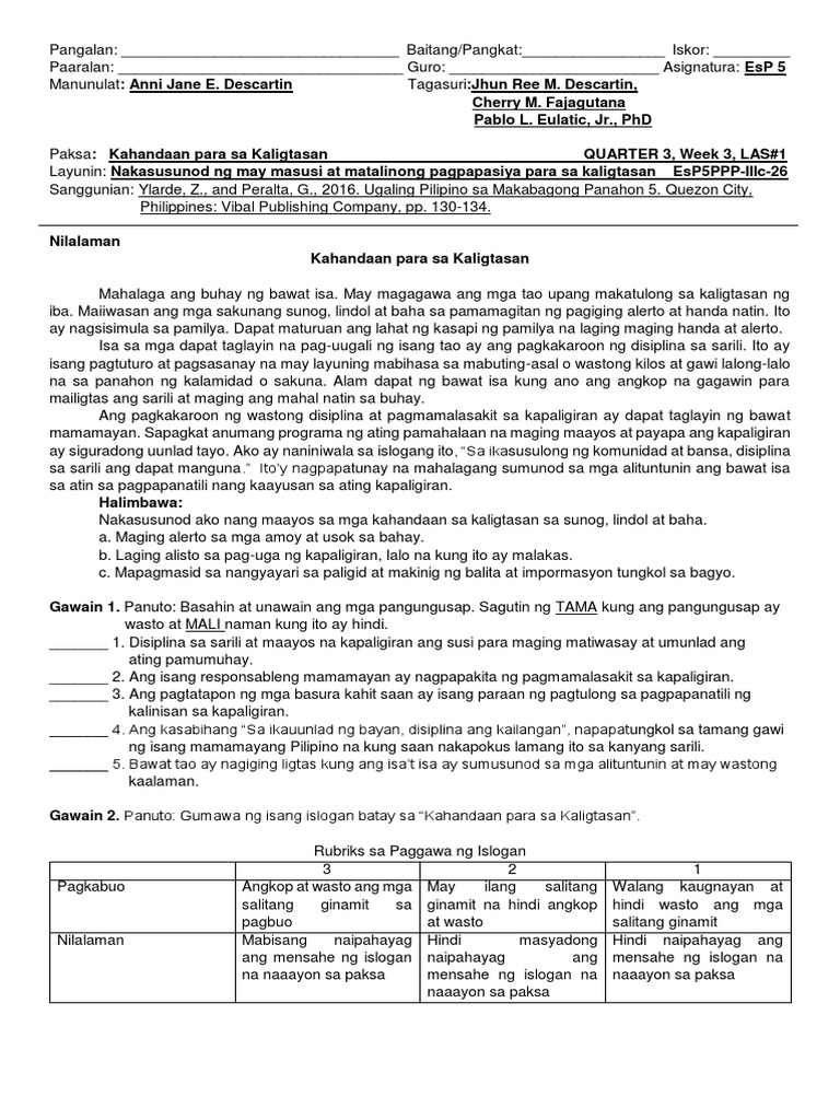 Esp 5 Quarter 3 Week 3 Las 1 | PDF