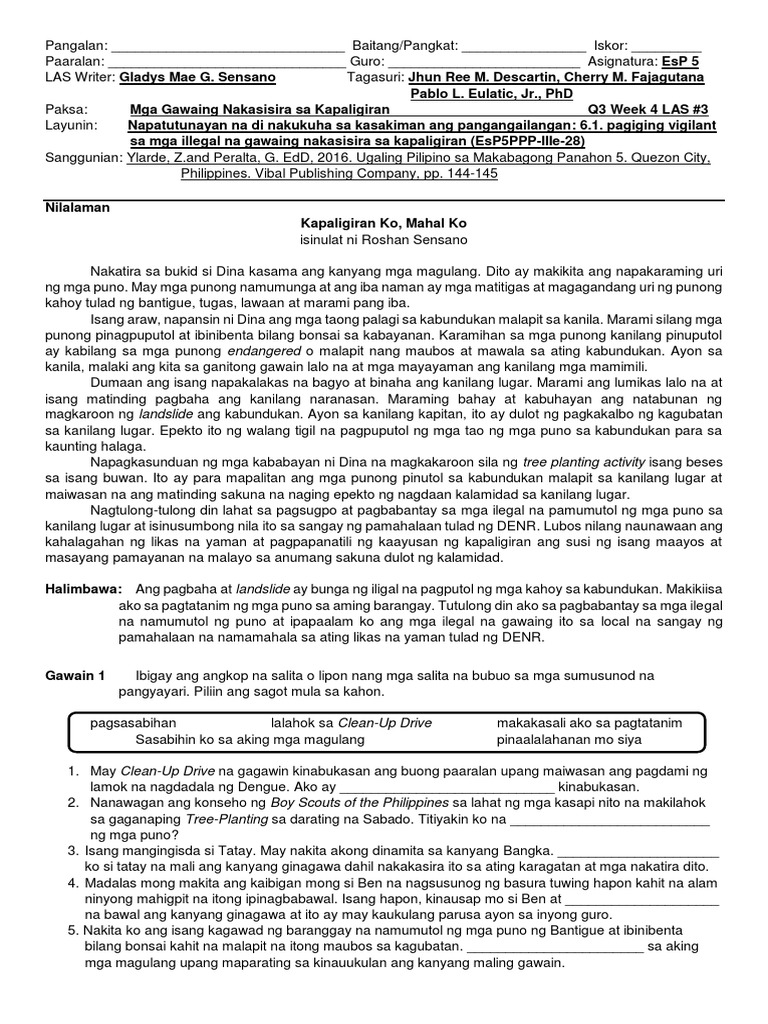 Esp 5 Quarter 3 Week 4 Las 3 | PDF