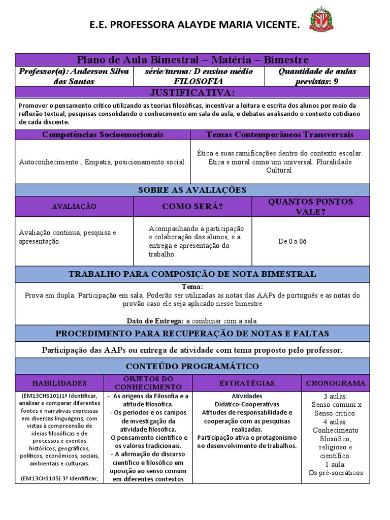 Plano de Aula de Filosofia para Ensino Médio | PDF | Pensamento crítico