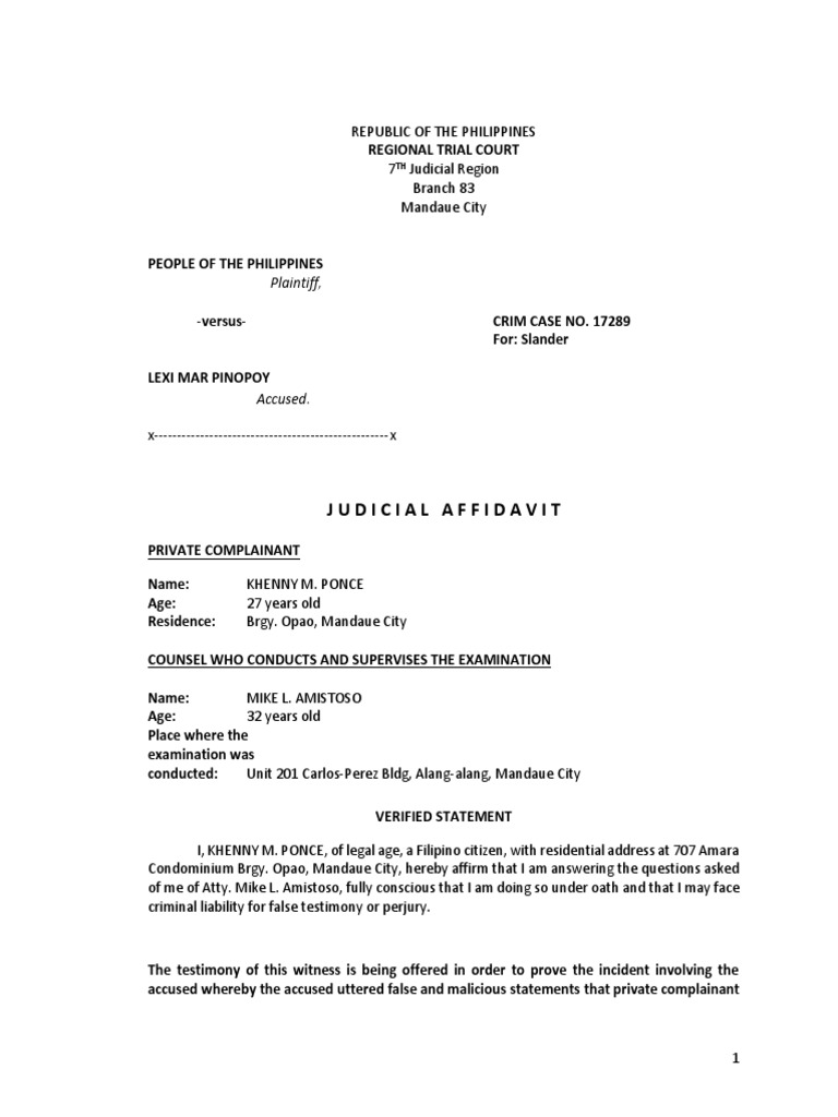 Judicial Affidavit for Slander Case | PDF | Affidavit | Perjury