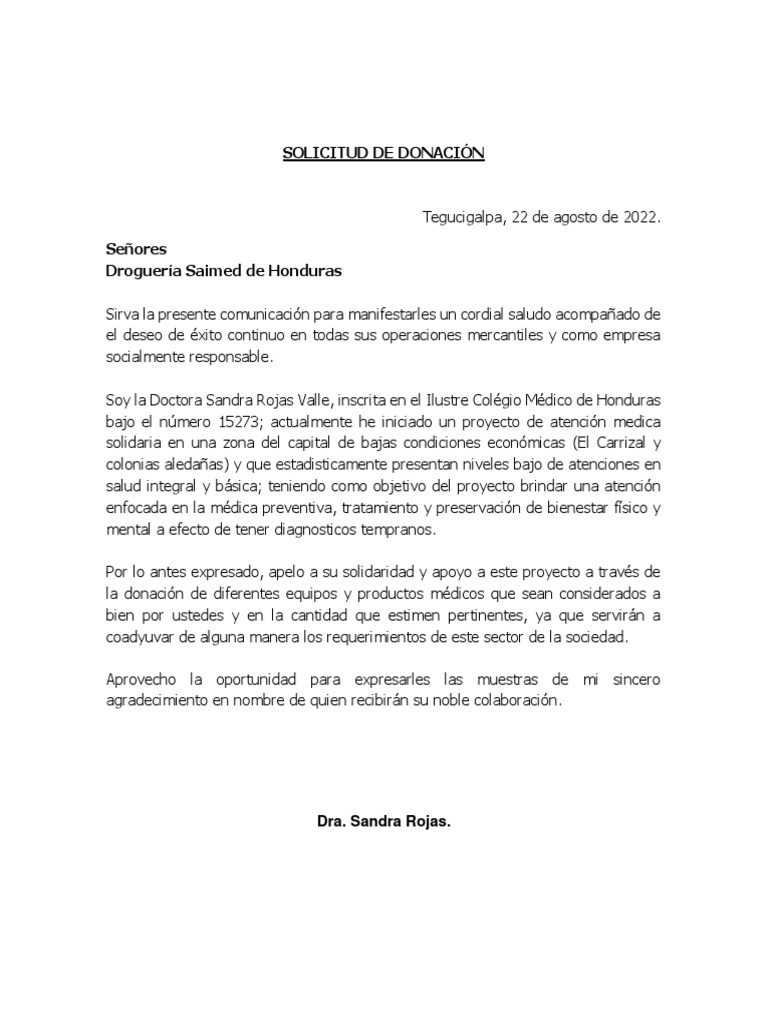 Solicitud de Donación a Droguería Saimed | PDF