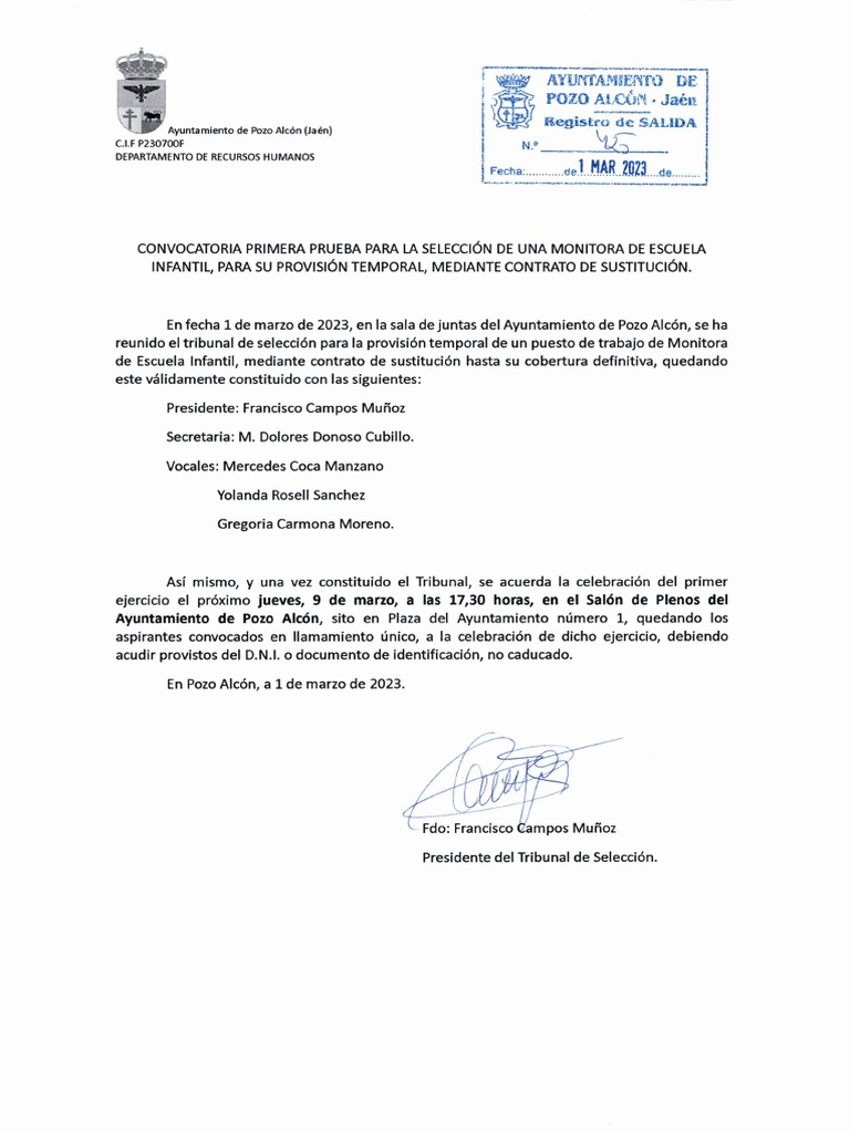 Convocatoria Primera Prueba para Selección Monitor de Escuela Infantil ...