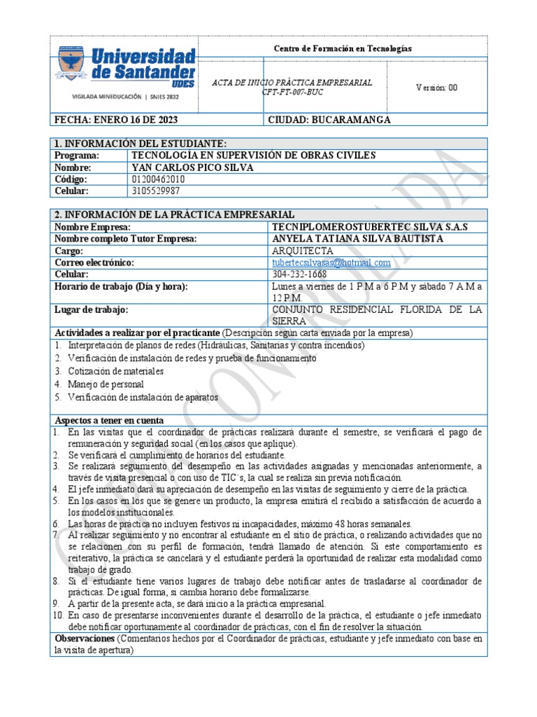 Acta de Inicio Práctica Empresarial - Yan Carlos Pico | PDF ...