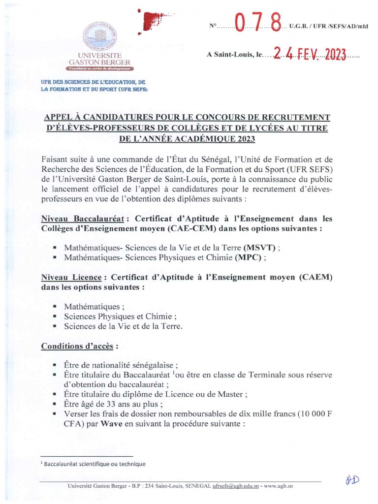 Appel À Candidatures Pour Le Concoures de Recrutement D'élèves ...