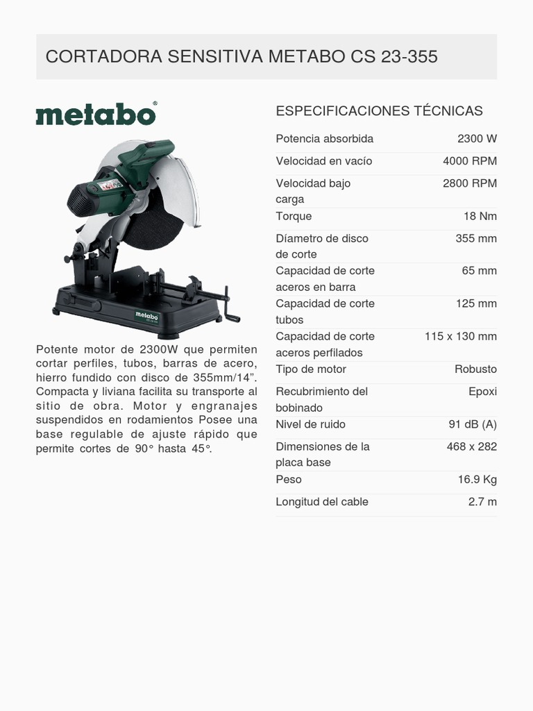 Ficha - 588 - Cortadora Sensitiva Metabo Cs 23 355 6023352 | PDF