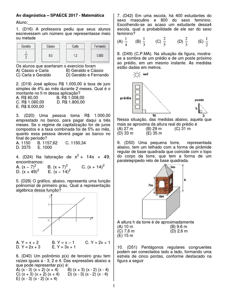 Provas SPAECE 3º Ano - Matemática | PDF | Triângulo | Juros