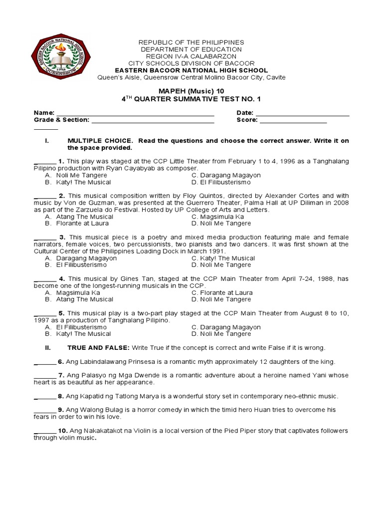 Quarter 4 Mapeh 10 Summative Test No. 1 | PDF | Performing Arts