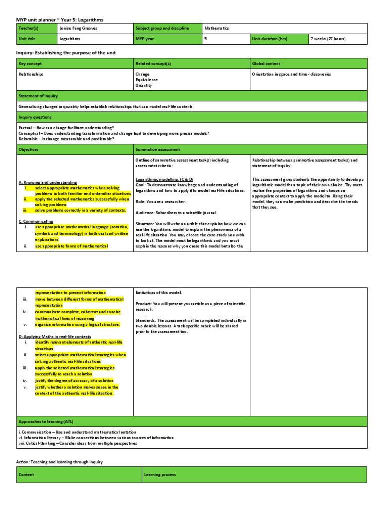G10 Unit 4 Ext STD Logarithms Unit Planner PDF Logarithm