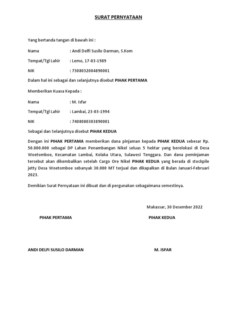 Surat Pernyataan Pinjaman Nikel 2022 | PDF