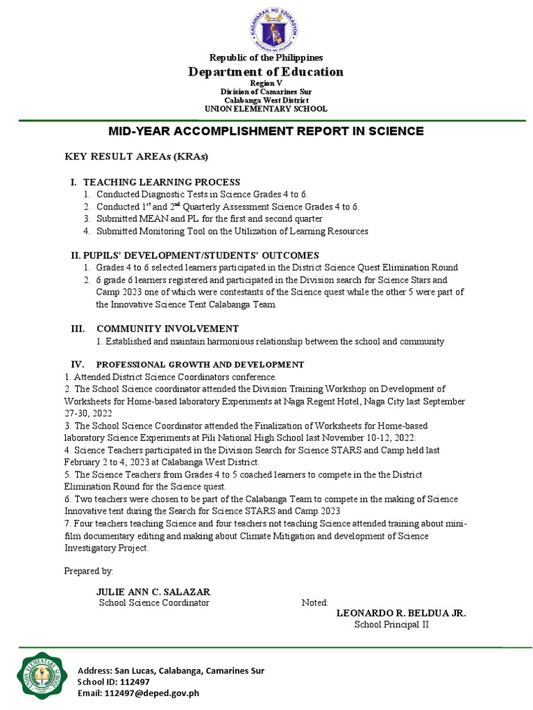 Science accomplishment report 2023 updates pdf teachers teaching
