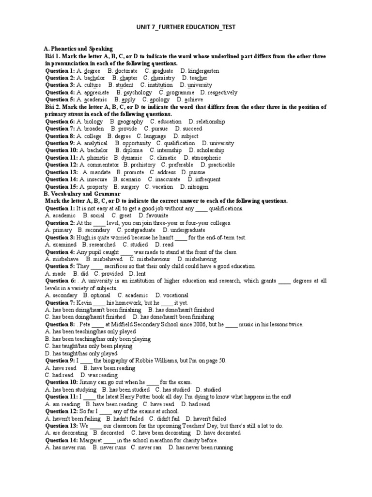 g11 Test Unit 7 Further Education | PDF | Language Arts & Discipline ...