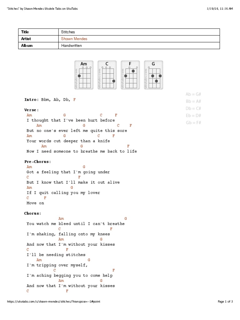 22stitches 22 by Shawn Mendes Ukulele Tabs On UkuTabs PDF Song