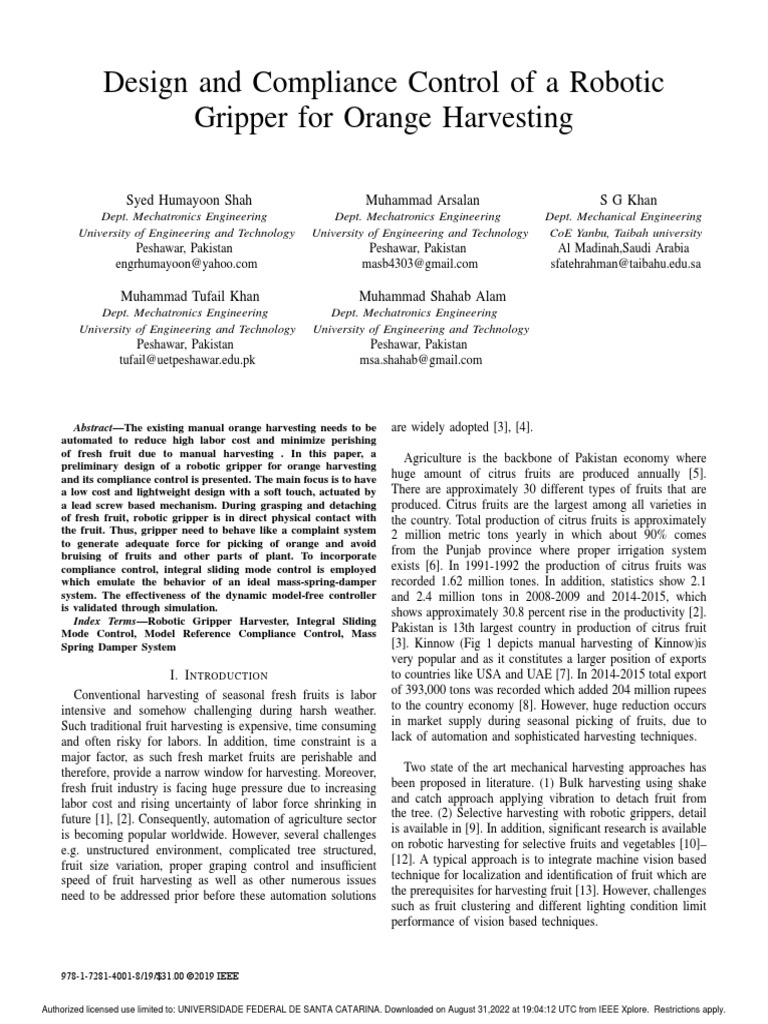 Design and Compliance Control of A Robotic Gripper For Orange ...