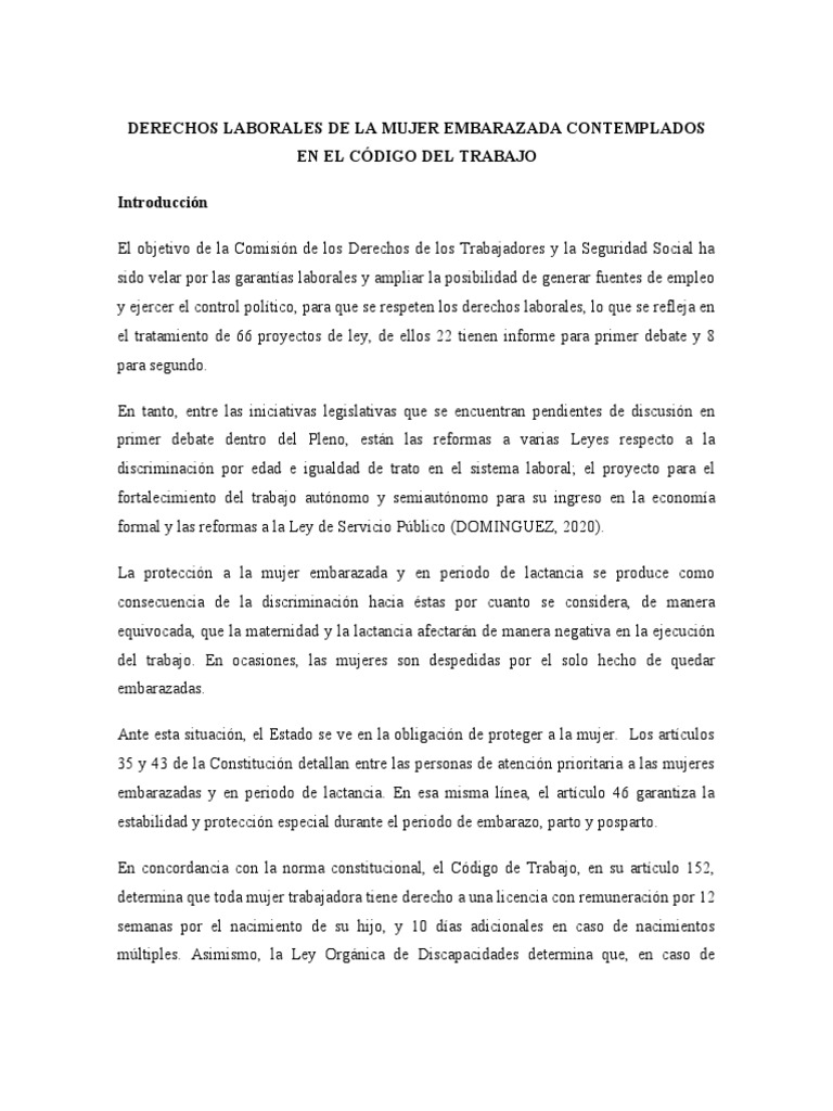 Derechos Laborales de La Mujer Embarazada Contemplados en El Código Del ...