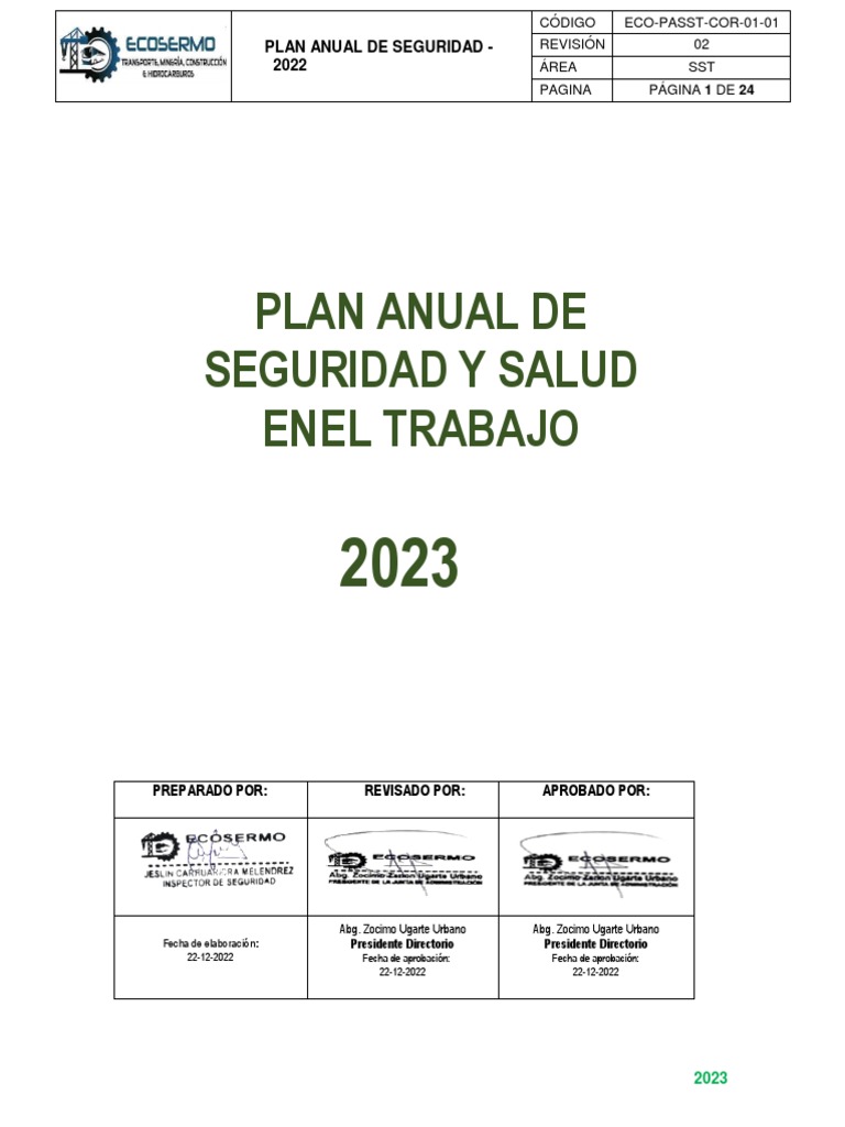 Plan Anual de Seguridad 2023 | PDF | Seguridad y salud ocupacional | La ...