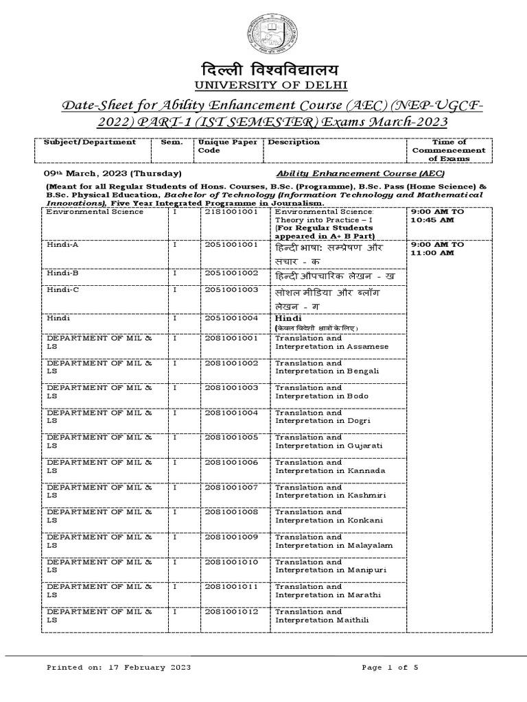 Delhi University AEC Exam Schedule March 2023 | PDF | Sanskrit ...