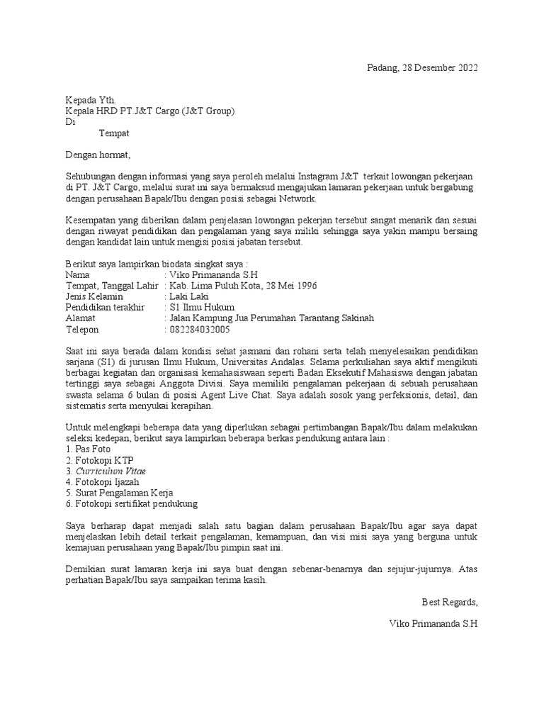 Surat Lamaran Kerja JT Posisi Network | PDF