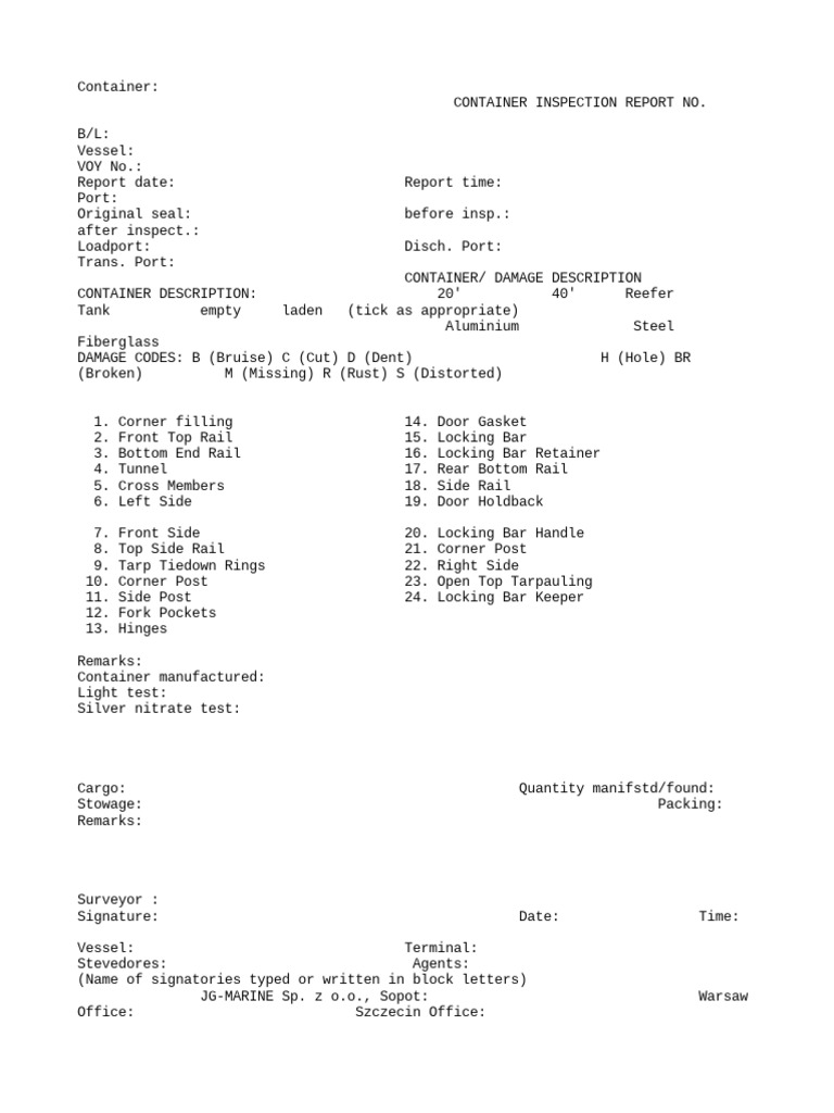 Container Inspection Damage Report | PDF