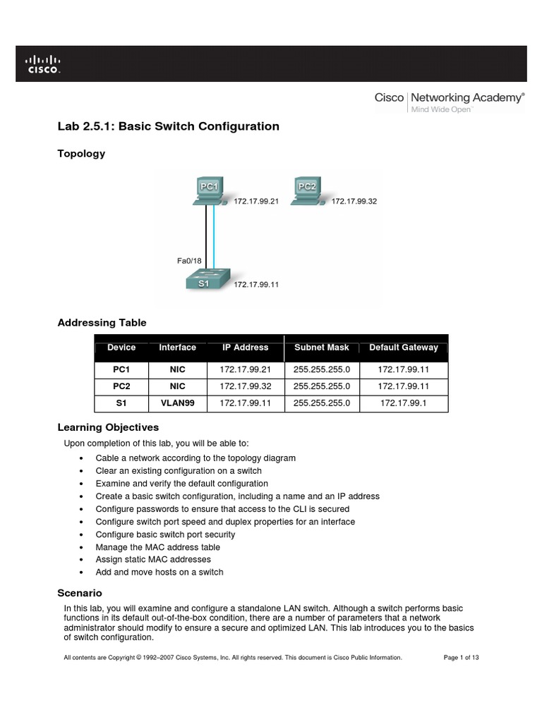 Lab 5 - Basic Switch Configuration | PDF | Network Switch | Cisco ...
