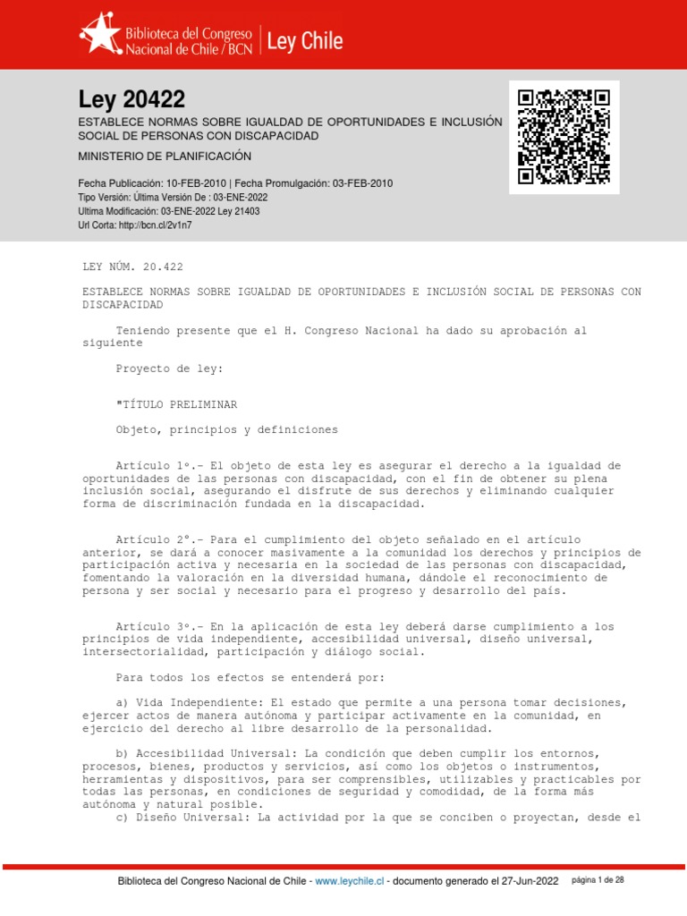 Ley 20422 10 FEB 2010 PDF Invalidez Ministerio (Departamento de