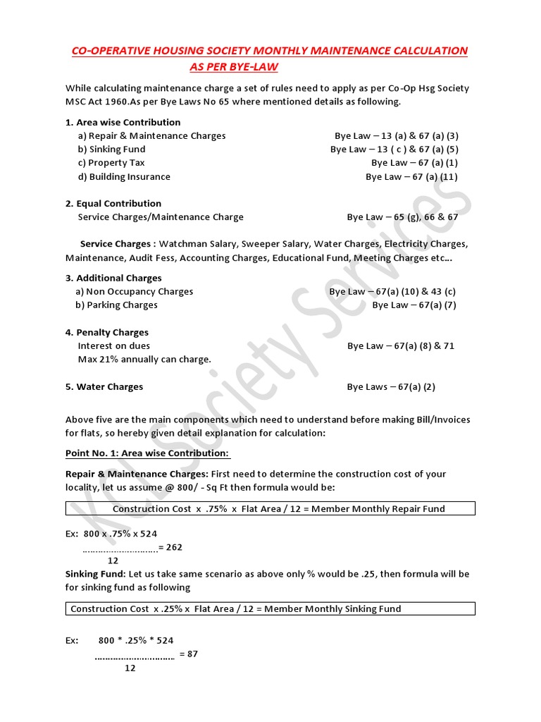 Maintenance Charges Calculation Housing Society PDF Fee Interest