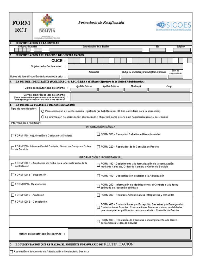 Formulario RCT para Rectificación SICOES | PDF