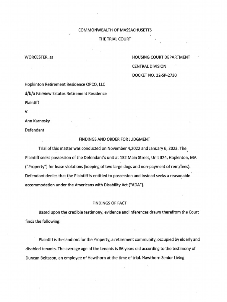 Ann Karnofsky Landlord Tenant Court Ruling Central (Massachusetts ...