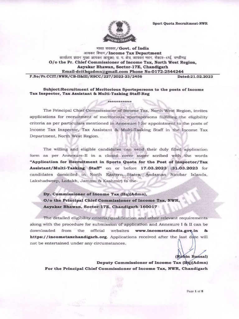 Tax Sports Quota Recruitment 2023 Notification and Application