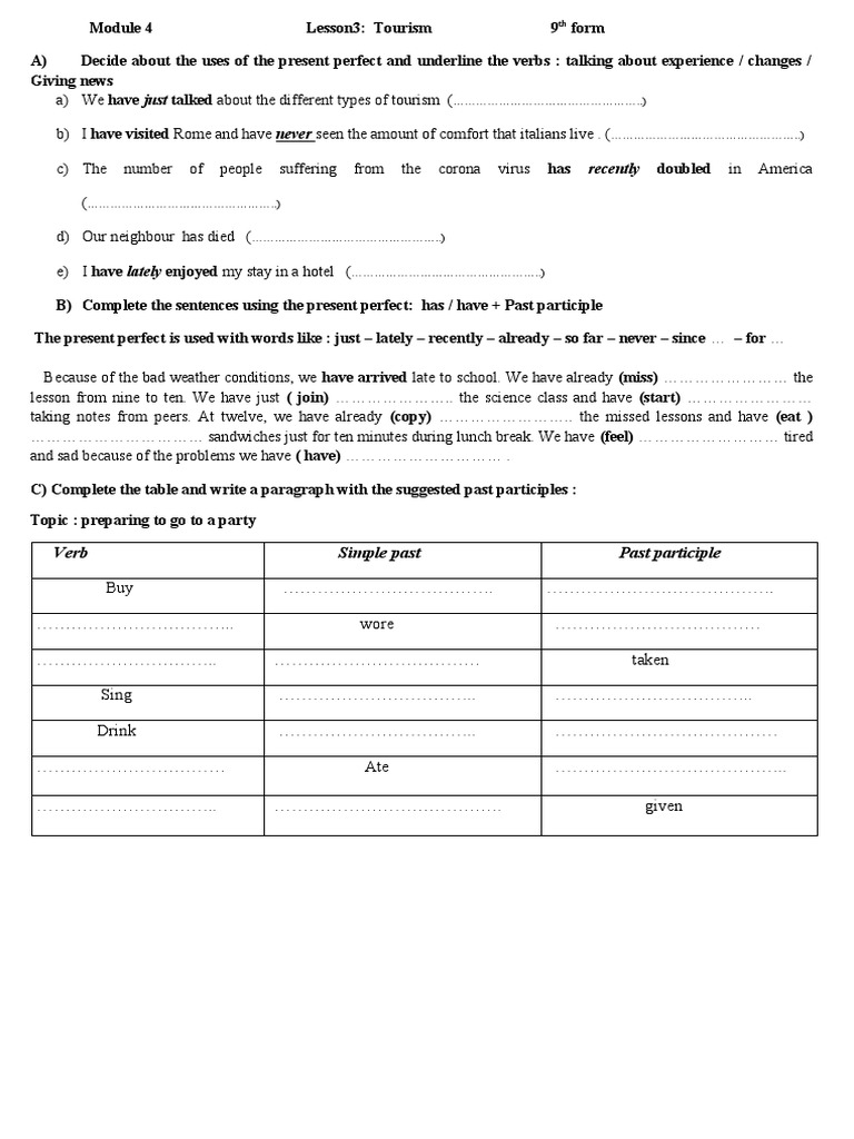 Tourism Present Perfect 2023 Pdf