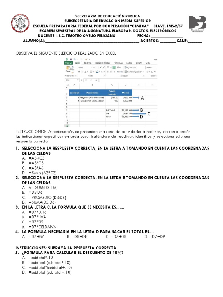 Examen de Excel: Fórmulas y Funciones | PDF | Microsoft Excel | Hoja de ...