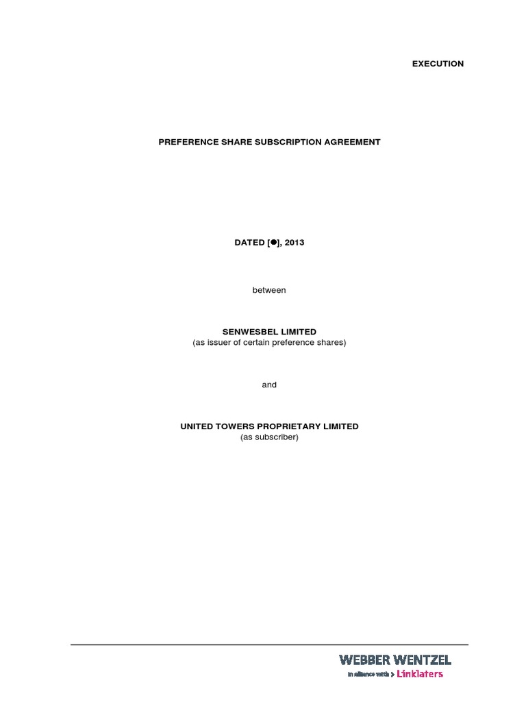Senwesbel Preference Share Subscription Agreement PDF Subscription