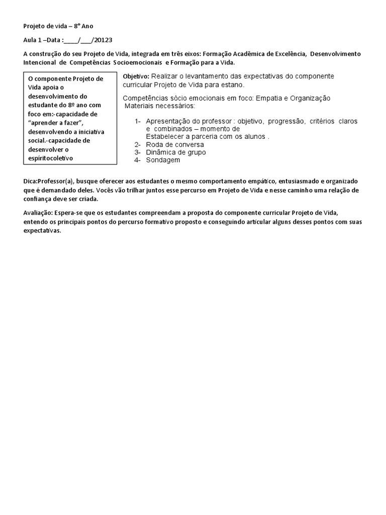 Atividades para Projeto de Vida - 8º Ano | PDF