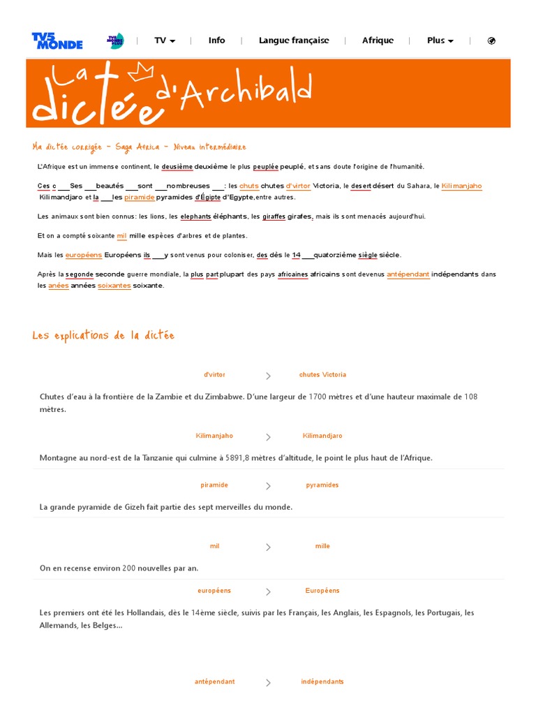Dictée D'archibald - Dictée en Français en Ligne - Ma Dictée Corrigée ...