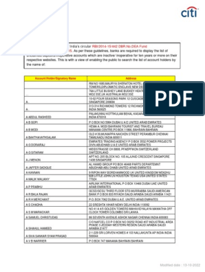 NRI List of Unclaimed Deposits Accounts, PDF, United Arab Emirates
