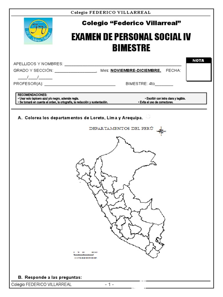 Examen IV Bimestre Personal Social | PDF