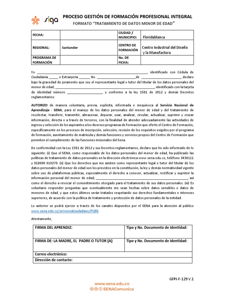 Formato de Tratamiento de Datos Menores SENA | PDF | Justicia | Crimen ...