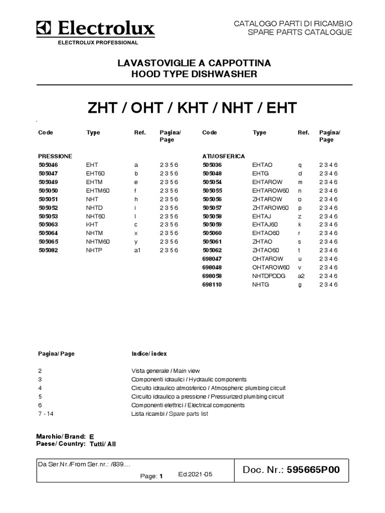 Spare Parts Catalogue Hood Type Dishwashers Pressure and Atmospheric