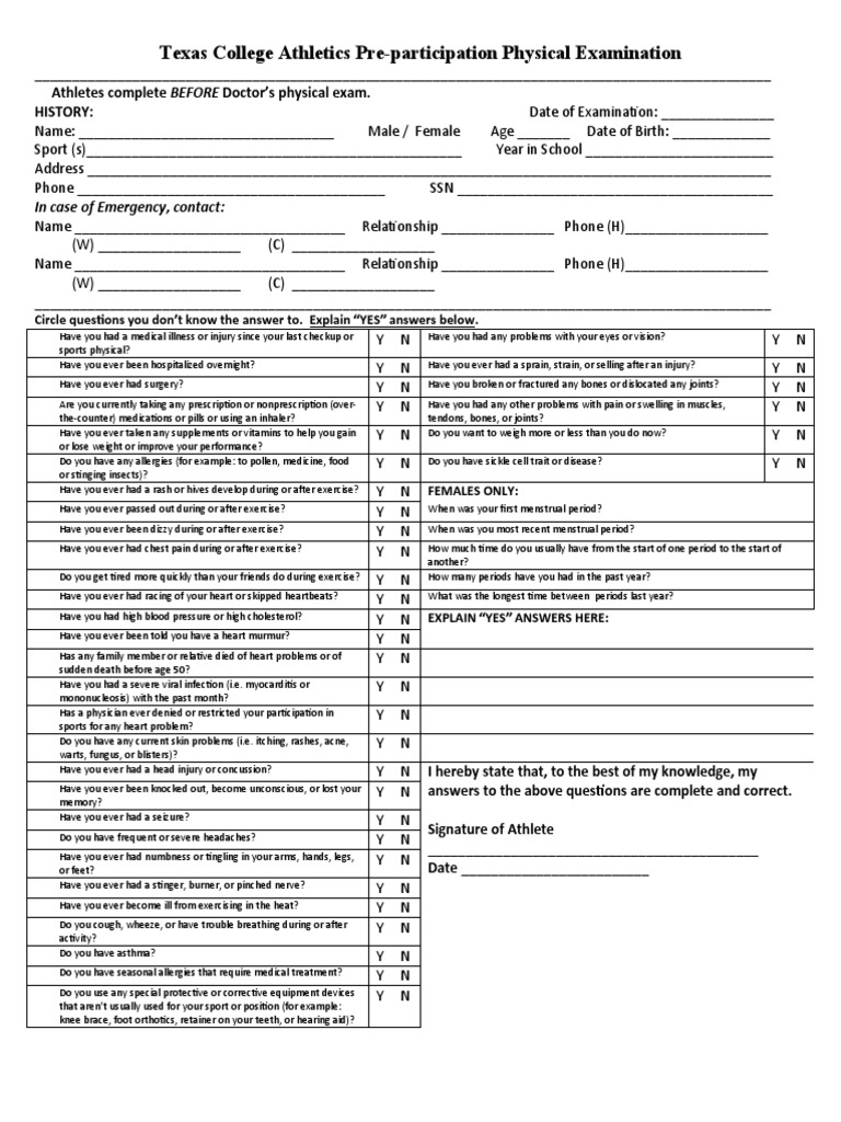 Texas College Sports Physical Form 2025 | PDF | Physical Examination ...