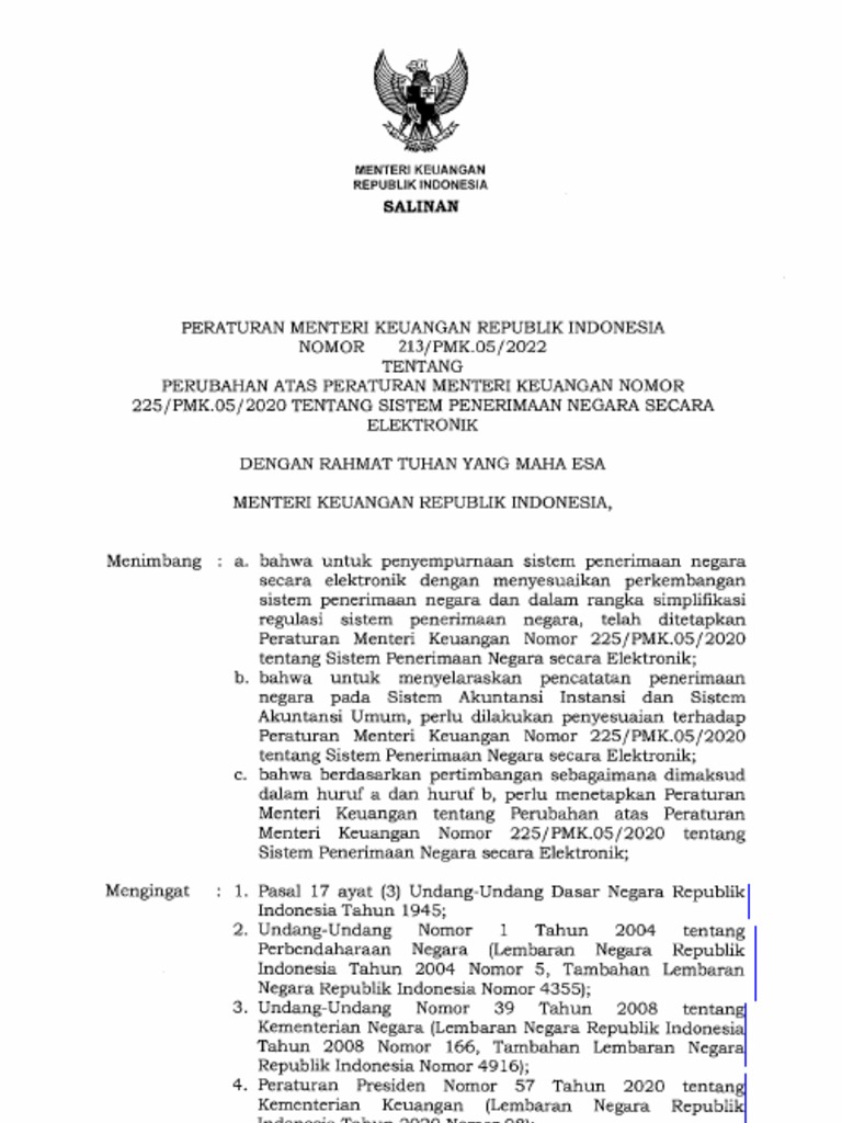 PMK-213 - PMK.05 - 2022 Sistem Penerimaan Negara Elektronik | PDF