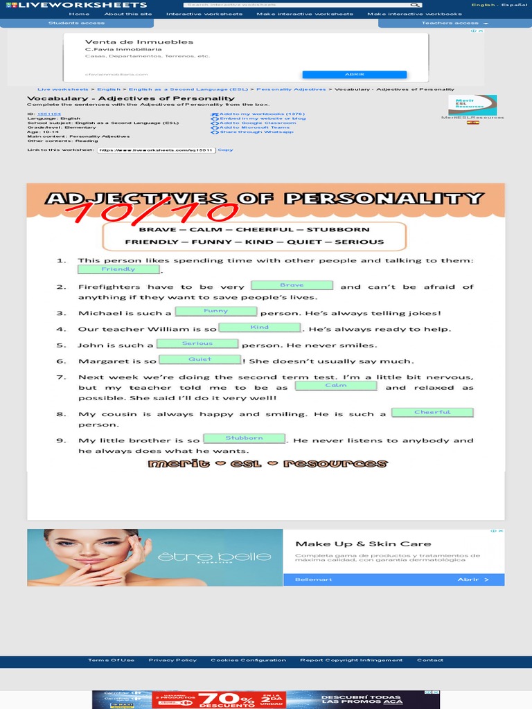 Vocabulary Adjectives Of Personality Worksheet Descargar Gratis Pdf