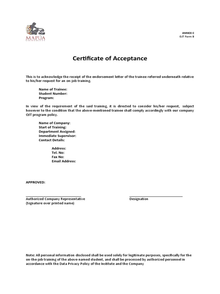 OJT Acceptance Certificate Template | PDF | Career & Growth