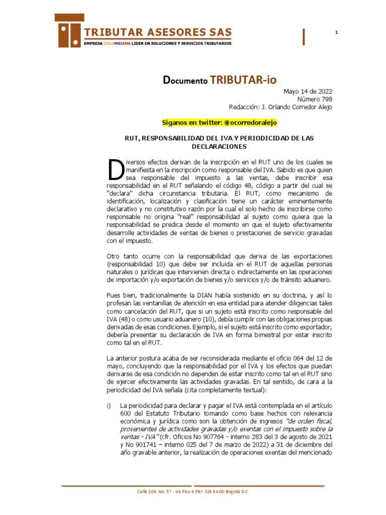Documento Tributario No. 798 - JOCA - RUT - Responsabilidad Del IVA ...