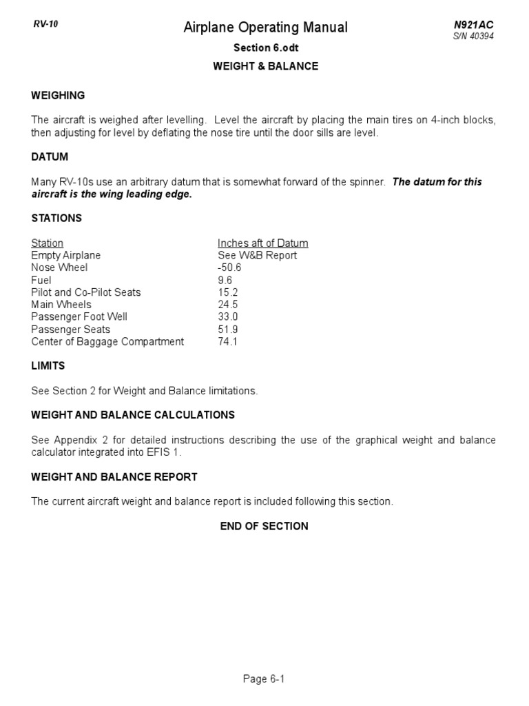 Section 6 Weight and Balance | PDF